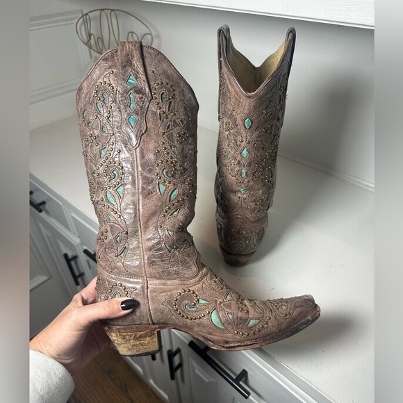 Corral Boots Western Studded Cowboy Women’s 7.5M Turquoise Inlay Leather - Picture 7 of 11